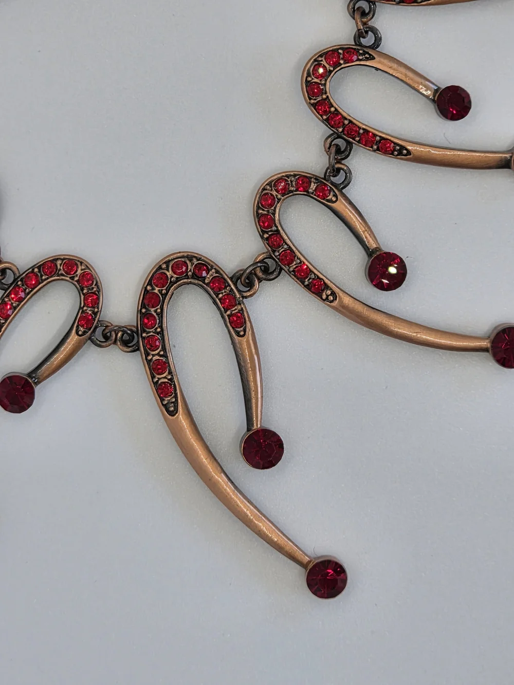 Red Crystal Crescent Drop Necklace and Earring Set, Copper Tone